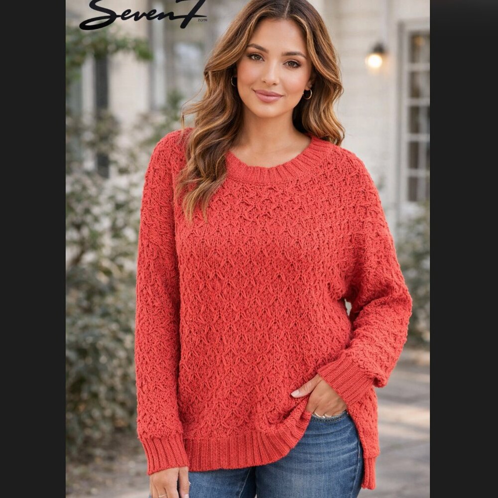 Seven7 Chenille Sweater Large Coral Cable Knit Cozy Textured Loose Pullover Boho